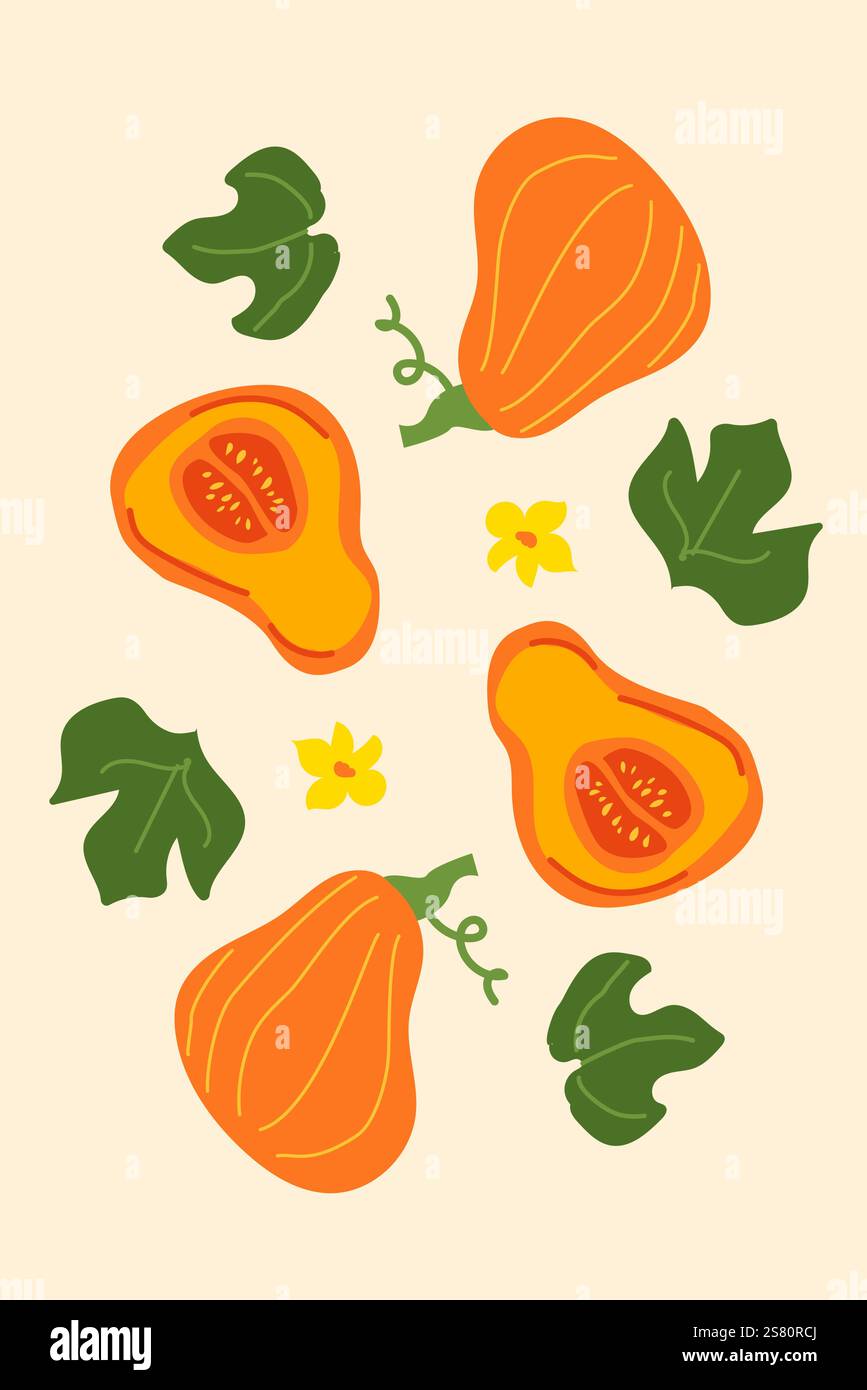 Bunte Butternusskürbis-Illustration mit Blättern und Blumen auf beigefarbenem Hintergrund. Stock Vektor