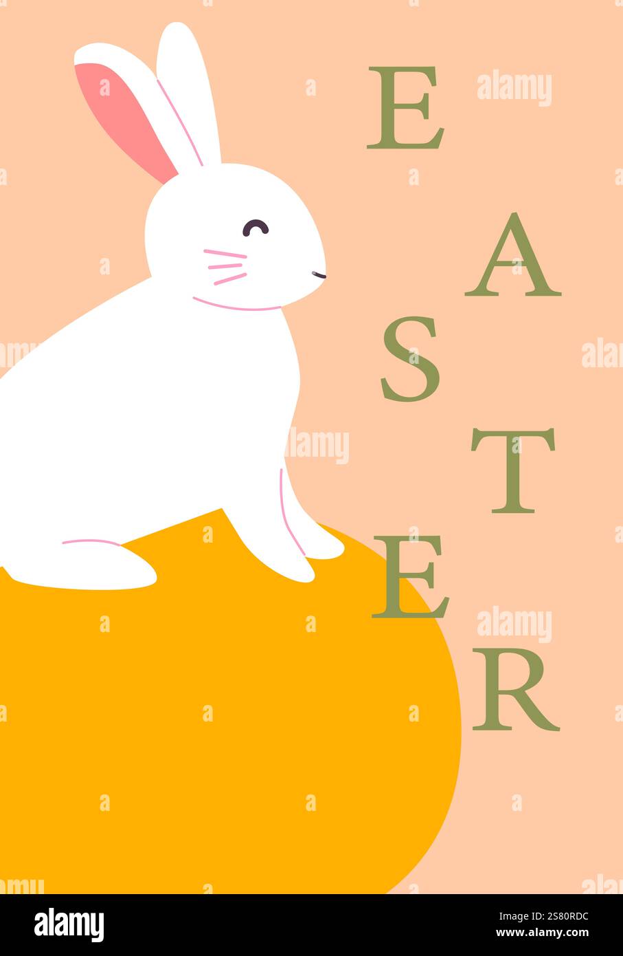 Niedlicher osterhase, der auf Orangeneier mit Pastellhintergrund sitzt. Die abstrakte Karteikarte der modernen Geometrie. Stock Vektor