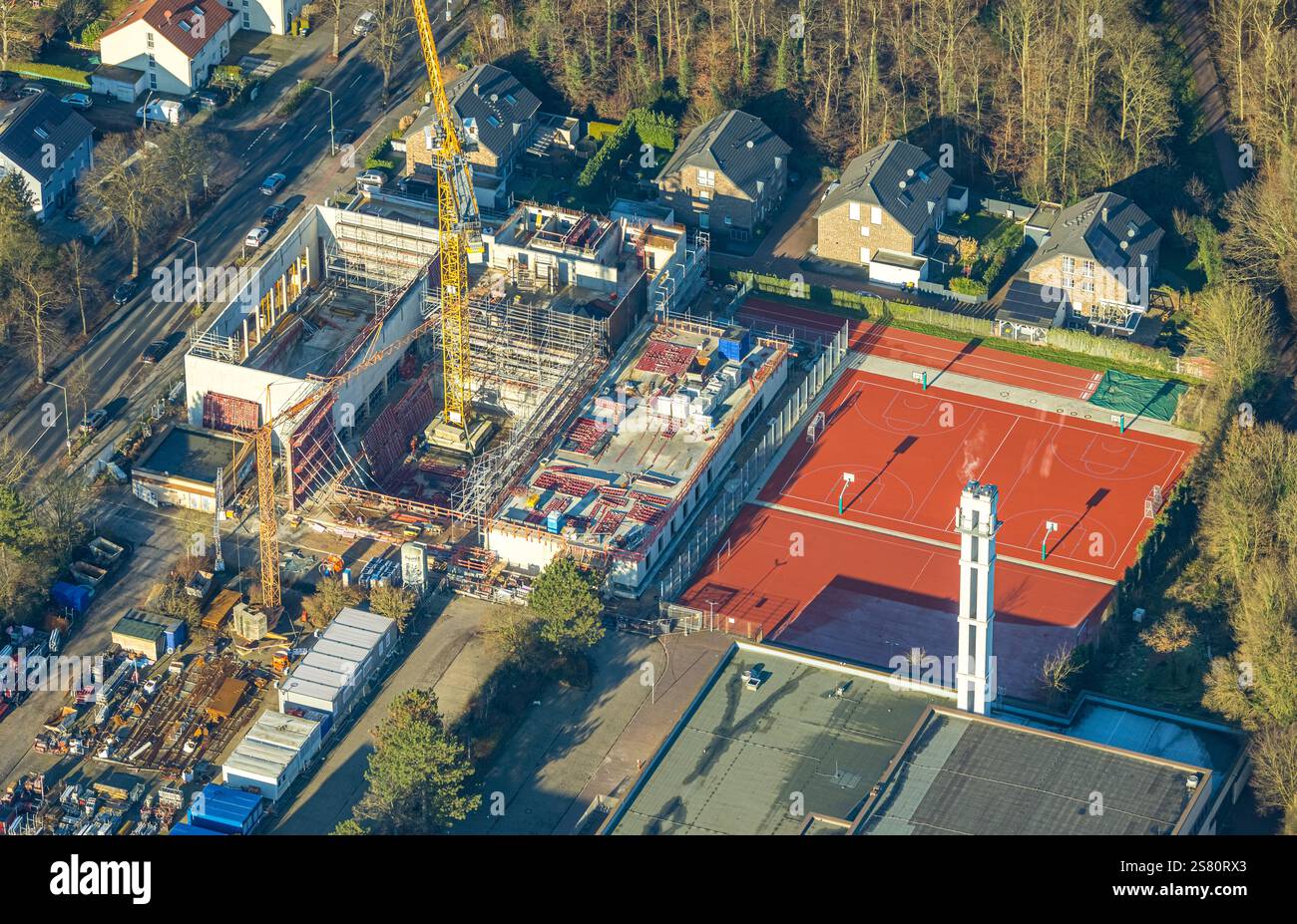 Luftaufnahme, Baustelle für das neue Südschwimmbad im Sportkomplex Großenbaum, Großenbaum, Duisburg, Ruhrgebiet, Nordrhein-Westfal Stockfoto