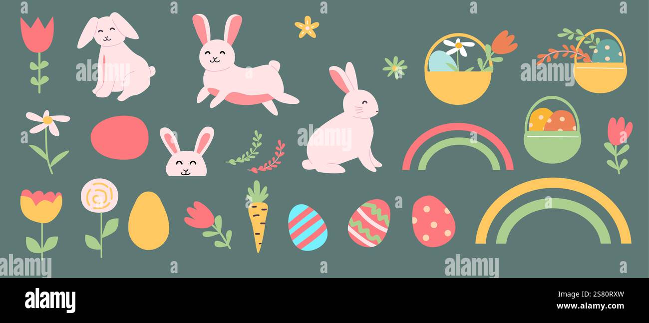 Buntes ostergeometrie-Set mit Hasen, Eiern und Frühlingsblumen für kreatives Design. Stock Vektor