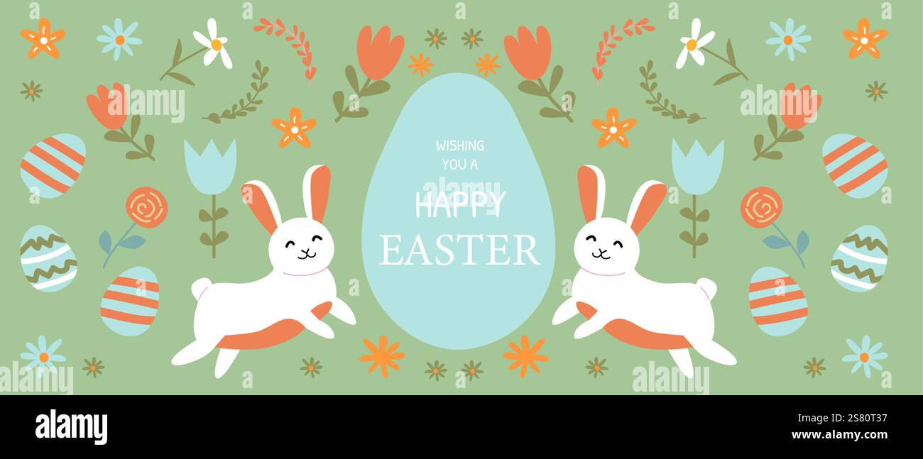 Happy easter Design mit Häschen, Eiern und Blumen auf grünem Hintergrund. Stock Vektor