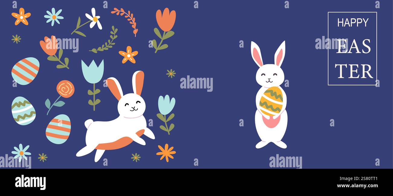 Frohe ostern mit geometrischem Häschen- und Blumendesign. Stock Vektor