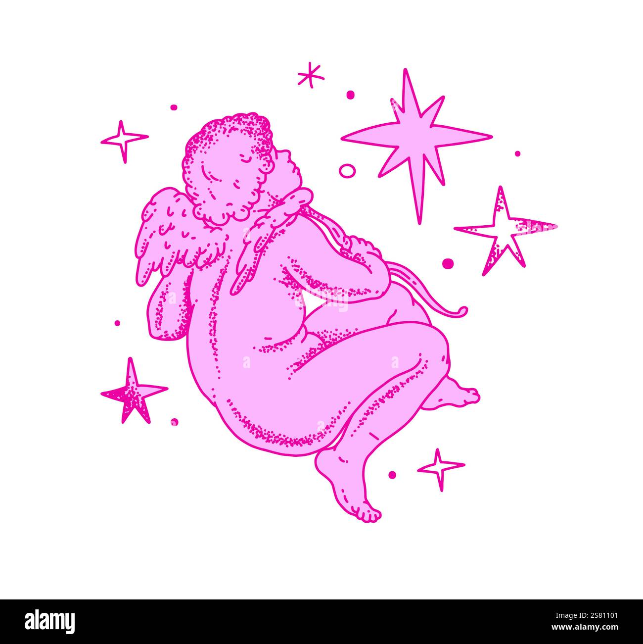 Cherub skizziert und Linie Kunst zum Valentinstag mit Cupid Vektor. Vektorsymbol für Liebe und Romantik. Antike Engel Baby Cupid Illustration Stock Vektor