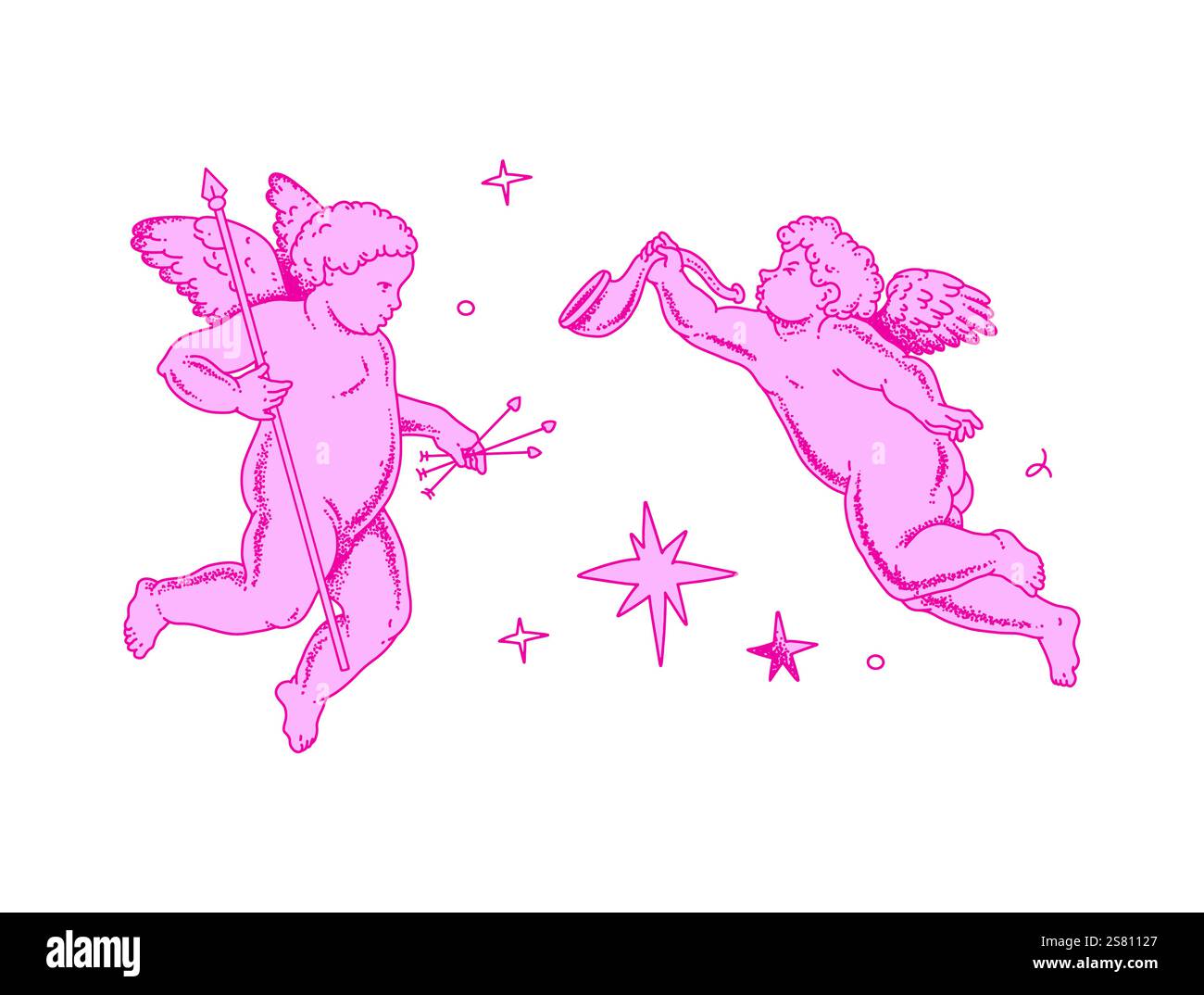 Cherub skizziert und Linie Kunst zum Valentinstag mit Cupid Vektor. Vektorsymbol für Liebe und Romantik. Antike Engel Baby Cupid Illustration Stock Vektor