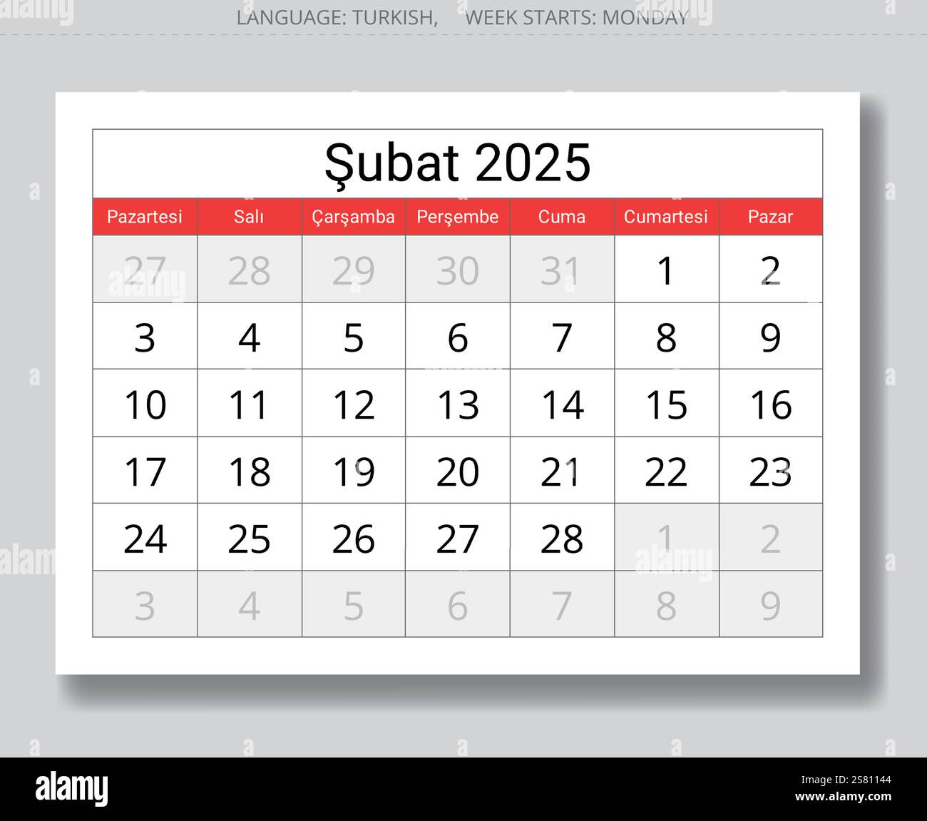 Seite des türkischen Kalenders für februar 2025 - takvim. Vektor-Illustration für den Wintermonat für die Türkei Stock Vektor