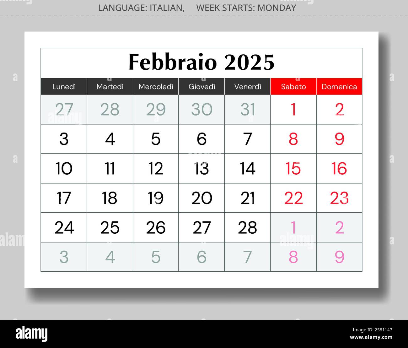 Italienische Kalenderseite für den Monat februar 2025 - febbraio. Vektorabbildung. Für Italien Stock Vektor