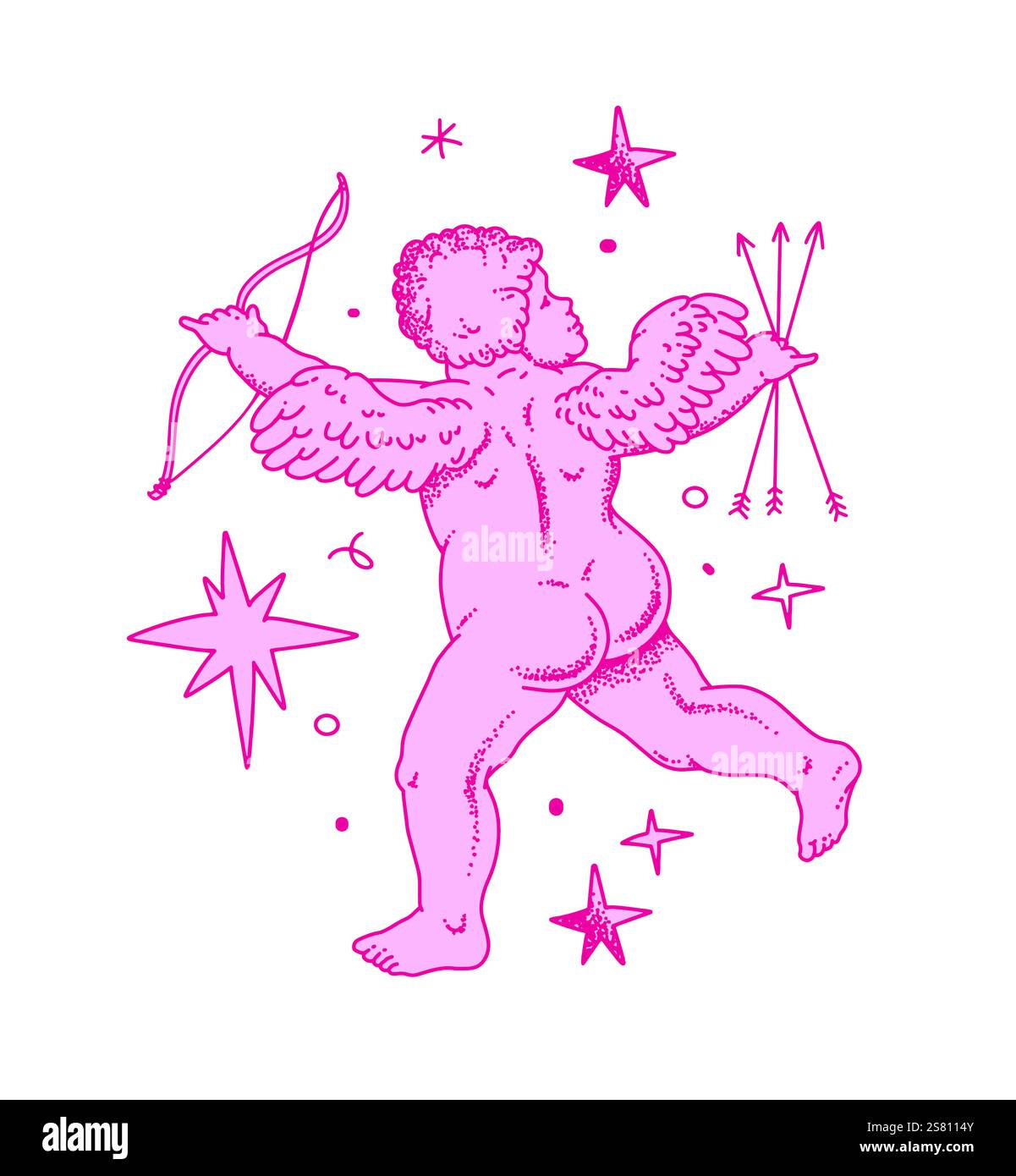 Cherub skizziert und Linie Kunst zum Valentinstag mit Cupid Vektor. Vektorsymbol für Liebe und Romantik. Antike Engel Baby Cupid Illustration Stock Vektor