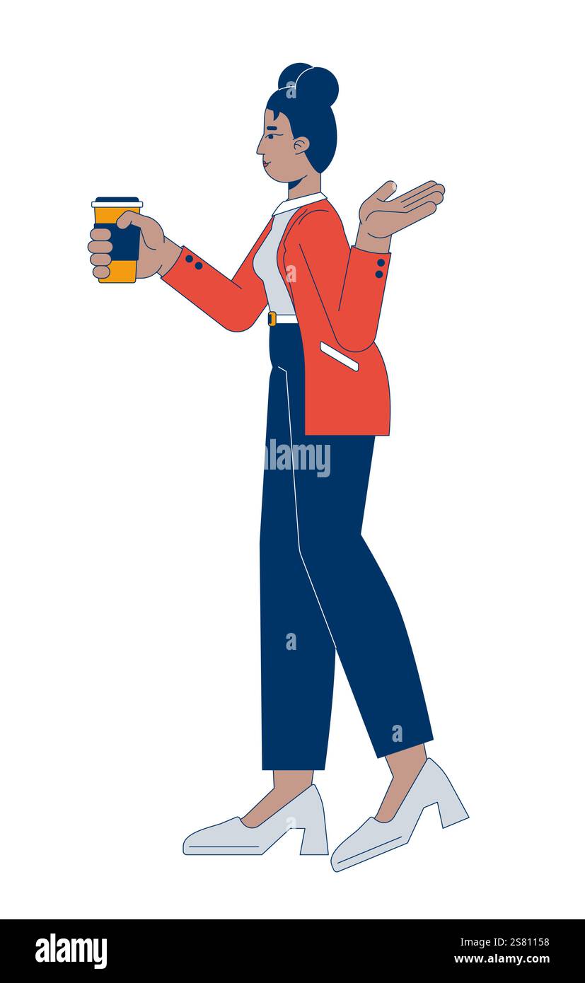 Schwarze Geschäftsfrau, die eine Kaffeetasse hält, während sie eine 2D-Zeichentrickfigur mit Gesten repräsentiert Stock Vektor