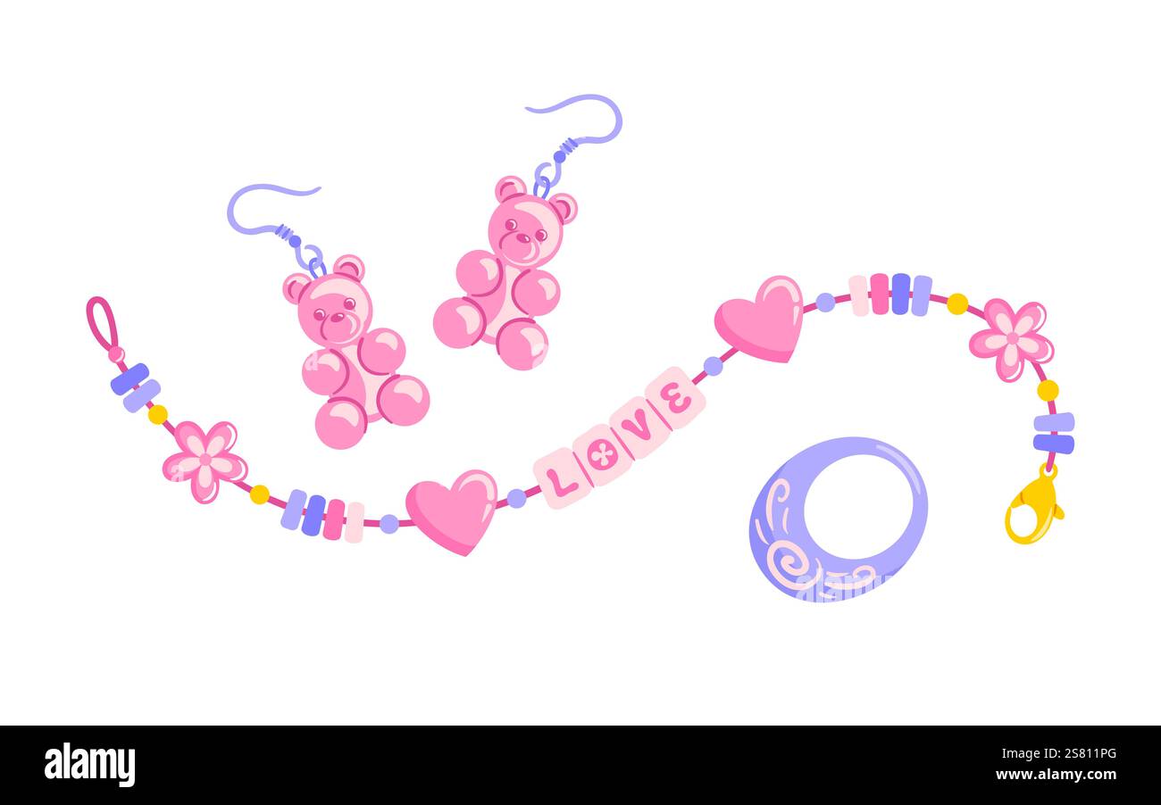 Kreieren Sie ein bezauberndes DIY-Armband mit Buchstabenperlen, die Liebe und Herz schreiben, ergänzt durch Gummibärenohrringe. Lebendiger Kunststoffring, Beads Ref Stock Vektor
