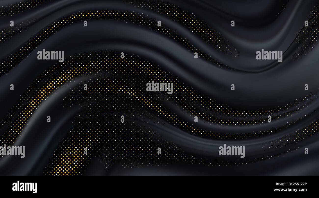 Abstrakter schwarzer und goldener welliger Hintergrund mit eleganter gepunkteter Textur. Modernes, abstraktes Design mit fließenden schwarzen Wellen, angereichert mit Stock Vektor Abstrakter schwarzer und goldener welliger Hintergrund mit eleganter gepunkteter Textur. Modernes, abstraktes Design mit fließenden schwarzen Wellen, angereichert mit Stock Vektor