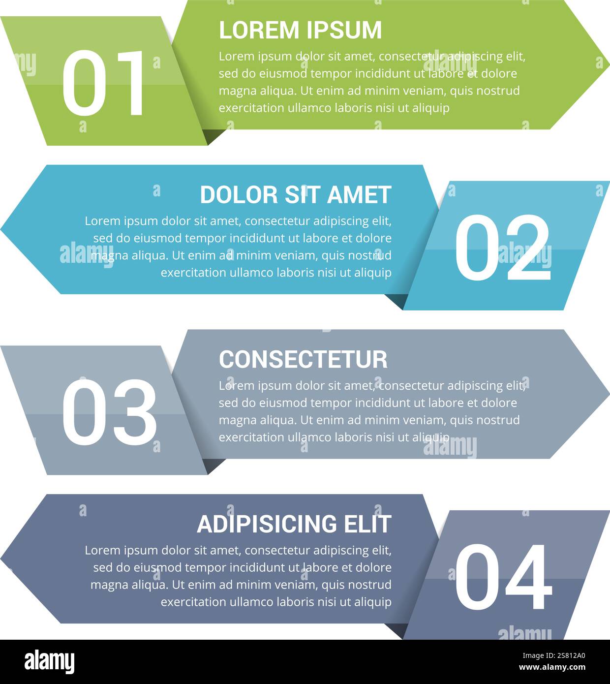 Infografik-Vorlage mit vier Schritten mit Pfeilen, Vektorgrafik eps10-Illustration Stock Vektor