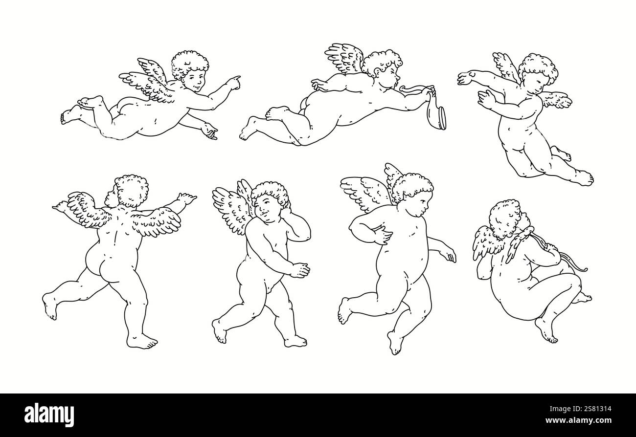 Cherub skizziert und Linie Kunst zum Valentinstag mit Cupid Vektor. Vektorsymbol für Liebe und Romantik. Antike Engel Baby Cupid Illustration Stock Vektor