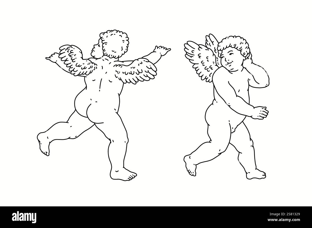 Cherub skizziert und Linie Kunst zum Valentinstag mit Cupid Vektor. Vektorsymbol für Liebe und Romantik. Antike Engel Baby Cupid Illustration Stock Vektor