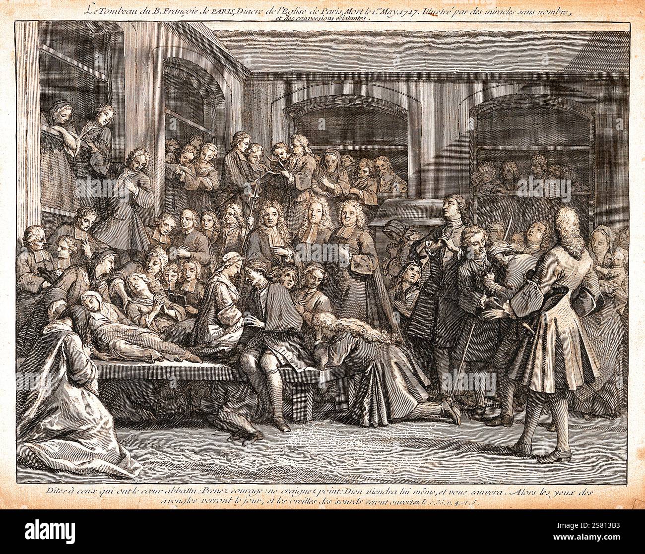 Massen von Kranken und Geistlichen versammelten sich im Grab von F. de Paris, wo Menschen geheilt wurden. 18. Jahrhundert - Gravur. - Das Grab von B. Francois de Paris, Dinacre der Kirche von Paris, starb am 1. Mai 1727. Dargestellt durch unzählige Wunder und brillante Bekehrungen. ... Weiter heißt es: "Sprich zu denen, die ein gebrochenes Herz haben: Nimm Mut: Fürchte dich nicht, Gott wird kommen und dich retten. Dann werden die Augen der Blinden das Licht des Tages sehen, und die Ohren der Tauben werden geöffnet werden. c, 35. s.4. Und 5.“ Stockfoto