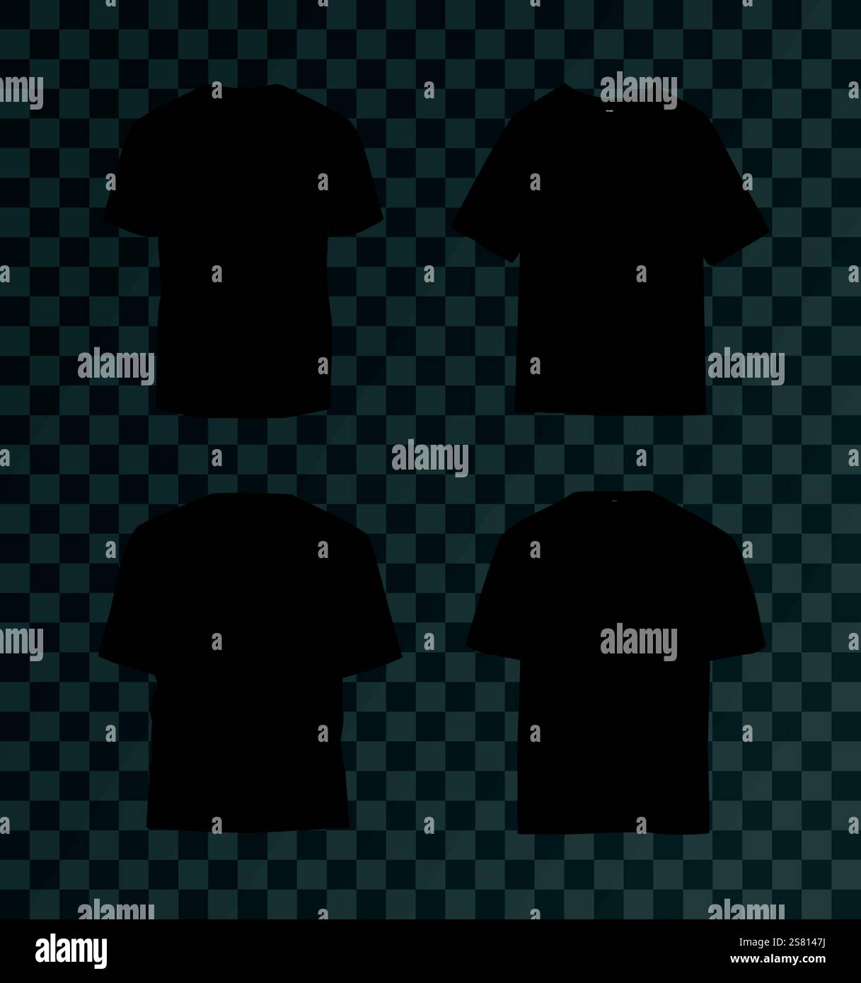 Realistisches schwarzes T-Shirt-Set. Keine Vorlage für Hemden mit Ärmeln für Designs. Stock Vektor