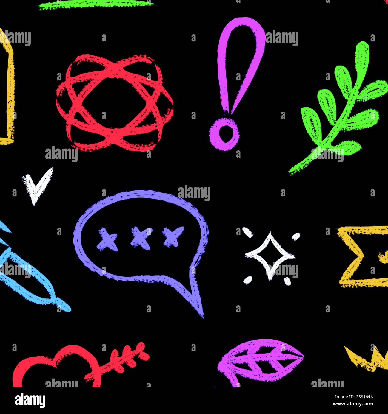 Holzkohle-Doodle-Muster. Nahtloser Kinderdruck aus handgezeichneter, urbaner Kreide für Kinder, verspielte, kindliche Graffiti-Textur mit Scribble kindlicher Stk Stock Vektor