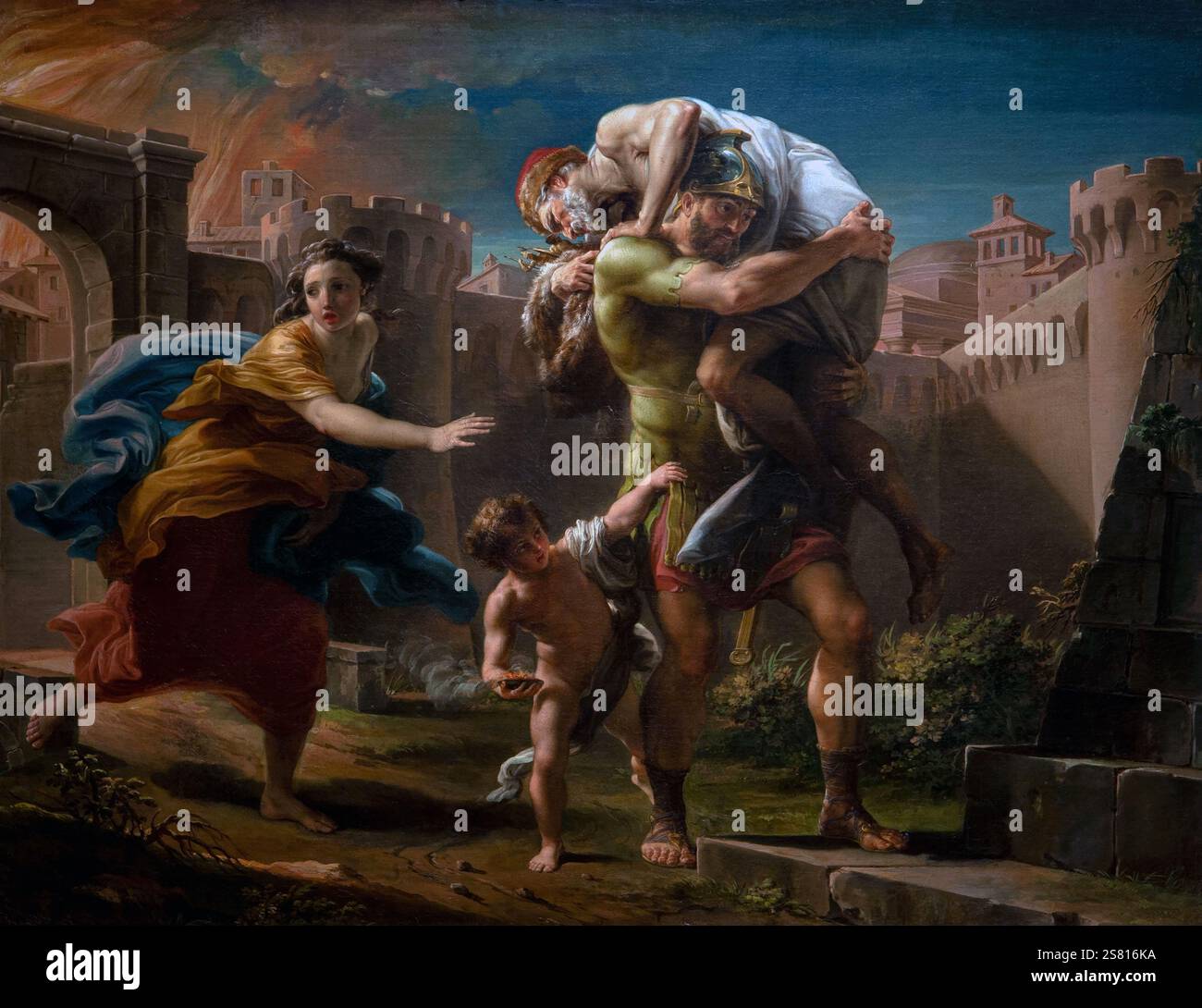 Pompeo Bastoni 1708-1787 „Aeneas flieht aus Troja“ 1755, 72 x 94 cm auf Leinwand. Stockfoto