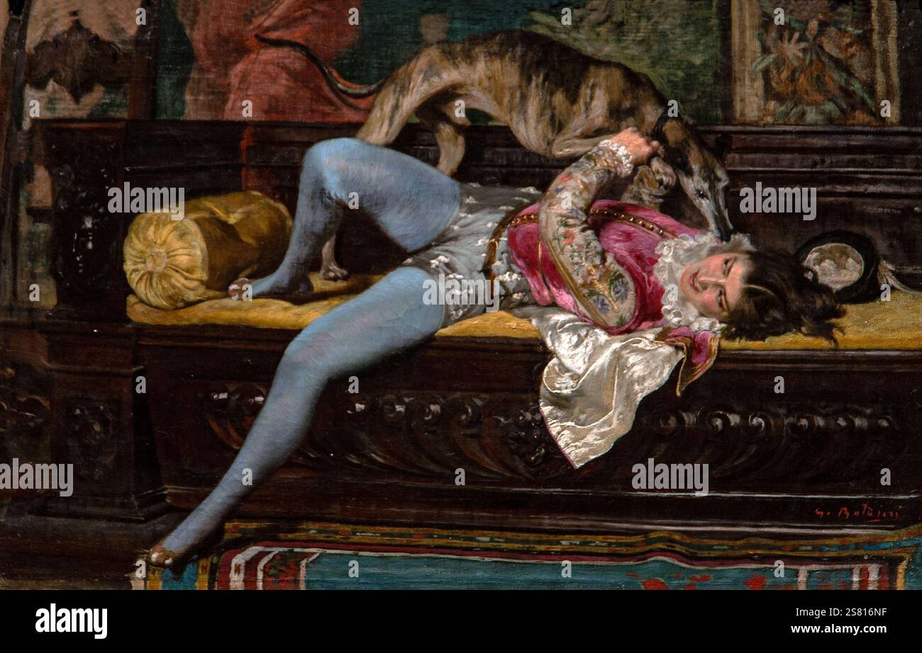 Giovanni Boldini 1842 -1931 „die PAGE-Spiele mit dem windhund“ 1860, 34,7 x 63,8 cm Öl auf Leinwand. Stockfoto