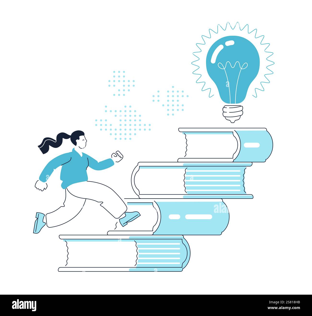 Mädchen klettert Stapel Bücher zu ihrem Ziel. Der Kursteilnehmer läuft die Stufen zur Glühlampe hoch. Bildung, Studienkonzept Stock Vektor