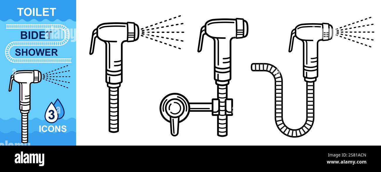 Toilette Bidet Dusche Wasserspray. Handspritze für die Körperhygiene nach Gebrauch der Spülpfanne reinigen. Symbol für Sanitär-Sanitär-Sanitär-Sanitär-Ausrüstung Stock Vektor