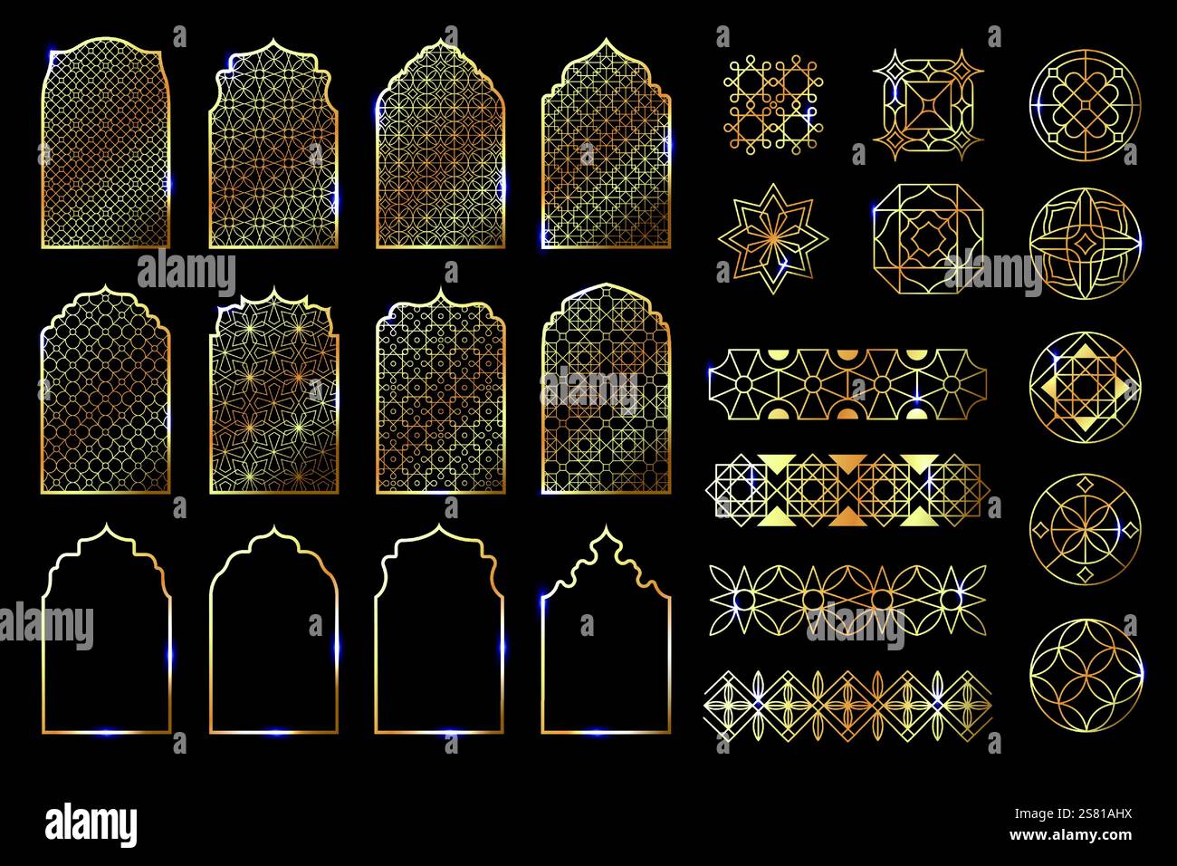 Golden Arabesque Kollektion. Geometrische orientalische arabeskierte Rahmen und Grenzen, arabische Moschee Architektur Arabesquerie Elemente, islamische dekorative de Stock Vektor