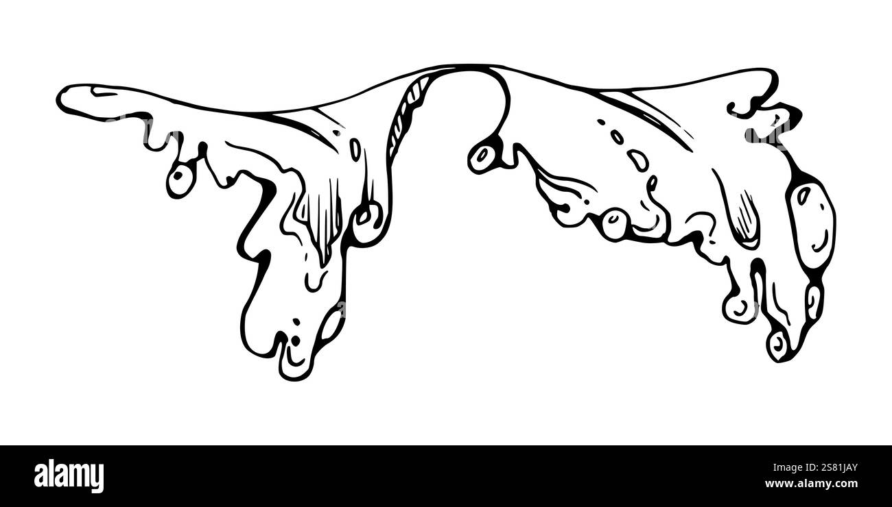 Spritzt Blasen Wellen mit Wasserströmung, Tautropfen. Flüssige Ausgießbewegung, fließender klarer, nasser Sprühnebel wellig. Vektor-Illustration Hand in Tinte gezeichnet Stock Vektor