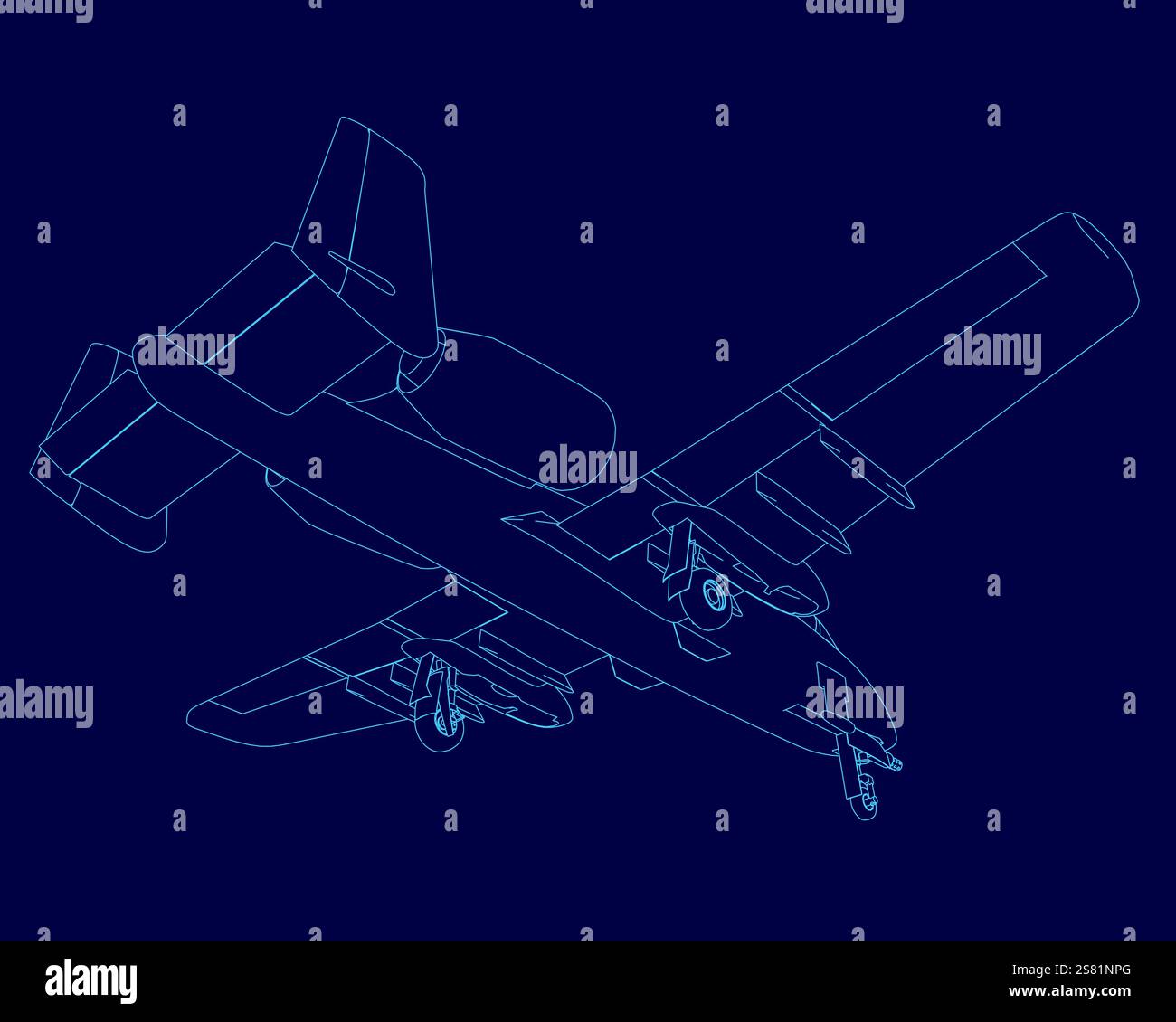 Blaues Flugzeug ist in einer blauen Zeichnung dargestellt. Das Flugzeug ist ein Kampfflugzeug mit einem großen Flügel und zwei Triebwerken. Die Zeichnung ist eine stilisierte, cartoonische Zeichnung Stock Vektor