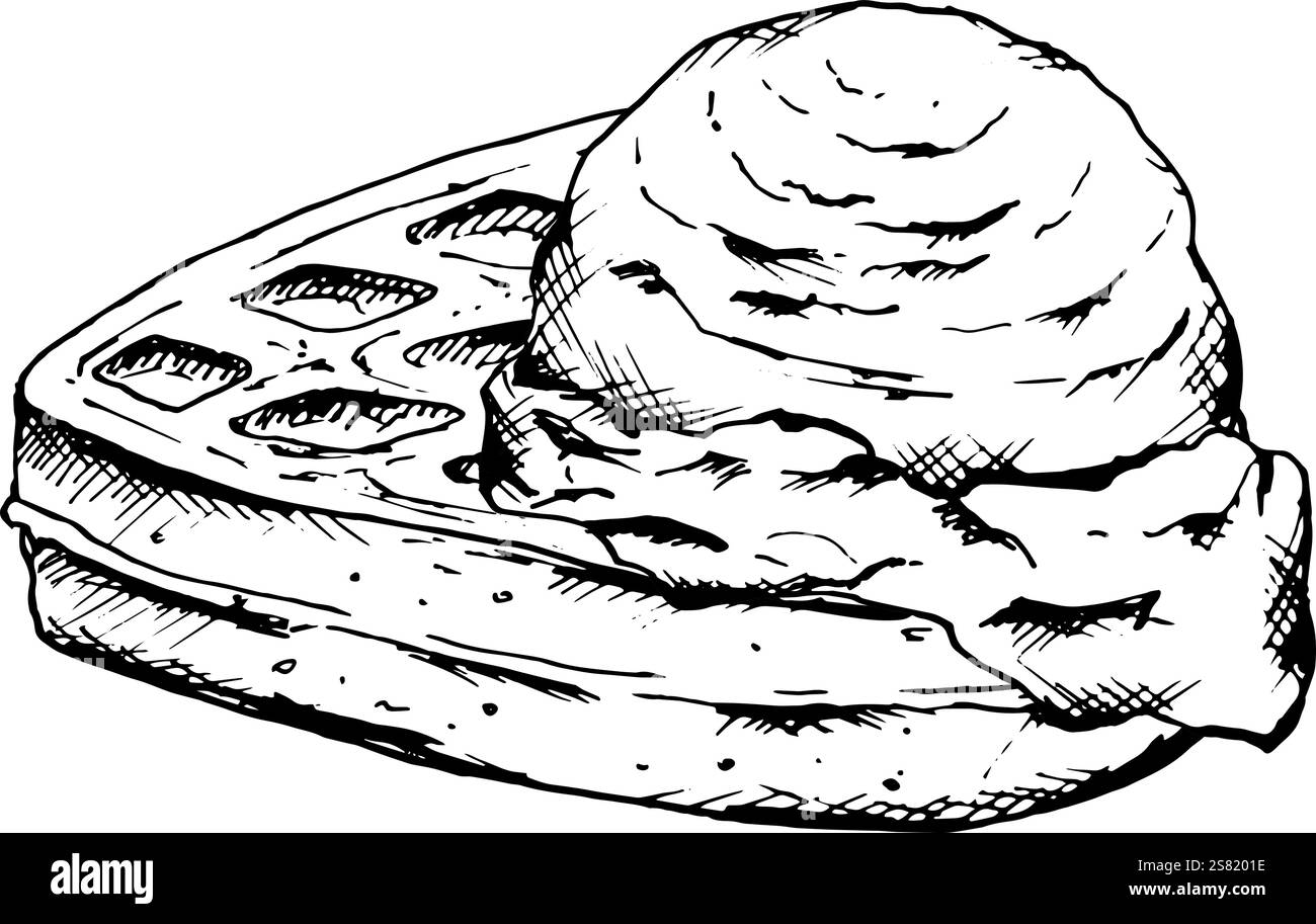 Hand gezeichnete schwarz-weiße Vektor-Illustration einer weichen herzförmigen belgischen Waffel mit einer Schaufel Eis. Perfekt für Bäckereimenüs und Desserts Stock Vektor