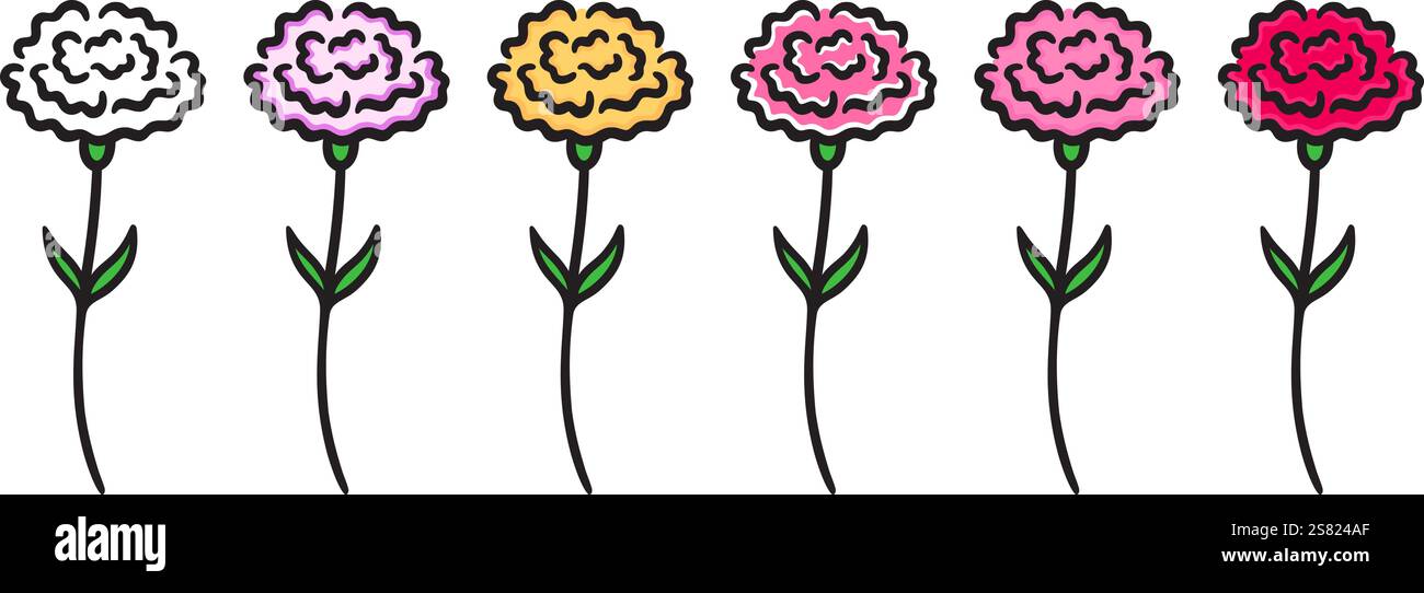 Nelkenblumen Farbset. Einfache handgezeichnete Kunst, schwarze Umrisszeichnung, Vektorillustration. Stock Vektor