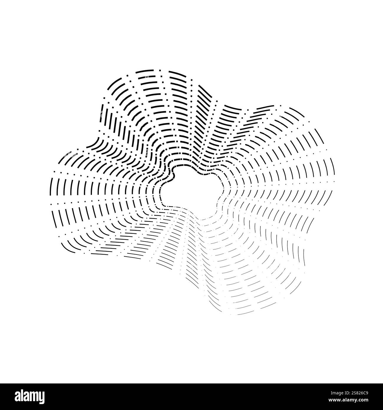 Geografische Linienkarte mit topografischem Kartenhintergrund. Vektor des organischen Rippellinienformmusters mit Topographiekreisen. Dynamische wellenförmige schwarze Formen. Stock Vektor