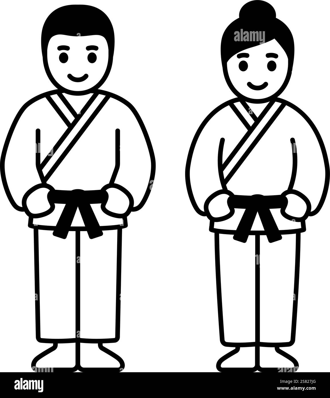 Martial Arts Ikone für Männer und Frauen. Karate, Taekwondo, Judo Uniform (Gi). Einfache Mann- und Frauenlinie Symbol, schwarz-weiße Vektor-Illustration. Stock Vektor