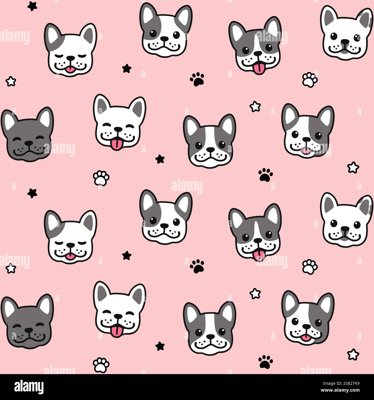 Niedliches französisches Bulldog-Motiv mit süßen Cartoons. Handgezeichnete Frenchie-Welpen, Pfoten, Sterne auf rosa Hintergrund. Einfache Vektordarstellung. Stock Vektor