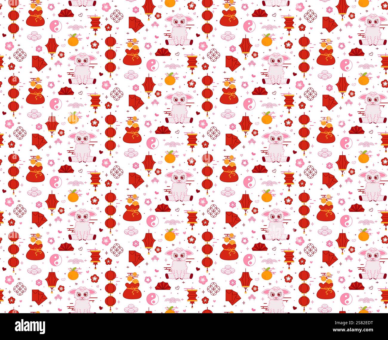 Mondneujahr der Schafe 2027 nahtloses Muster, Vektor-grafische Linie Illustration. Traditionelle Muster, chinesisches Weihnachtskartendesign. Handgezeichneter Vektor Stock Vektor