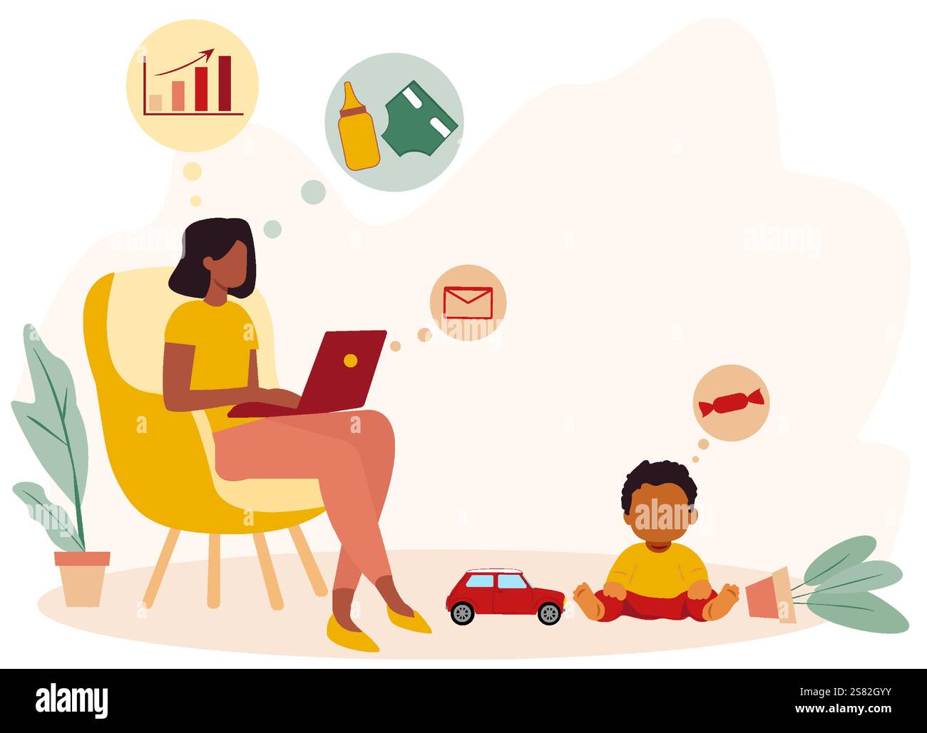 Mom arbeitet online während des Mutterschaftsurlaubs, während sie ihr Kind in einem gemütlichen Zuhause betreut Stock Vektor