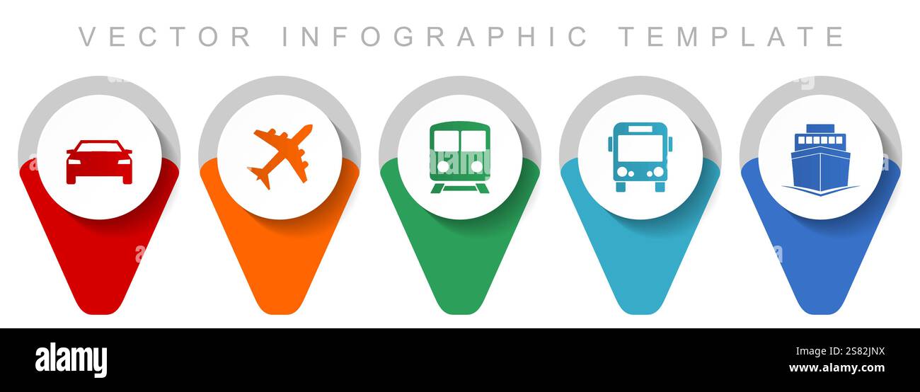 Zeigersammlung für Transport und Fahrzeuge, verschiedene Symbole wie Flugzeug, Zug, Auto, Bus und Schiff, Infografik-Vorlage für flache Vektoren in Stock Vektor