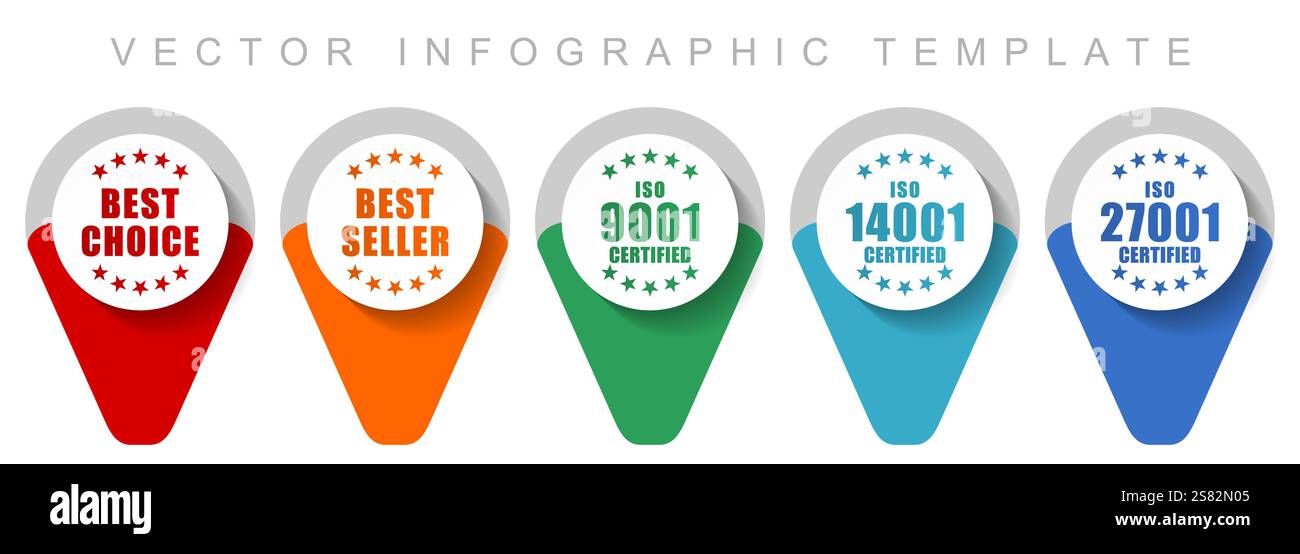 Business Pointer-Kollektion, verschiedene Symbole wie iso 9001, iso 14001, iso 27001, Best Choice und Best Seller, für Webde-Impfstoff, Menschen und EM Stock Vektor