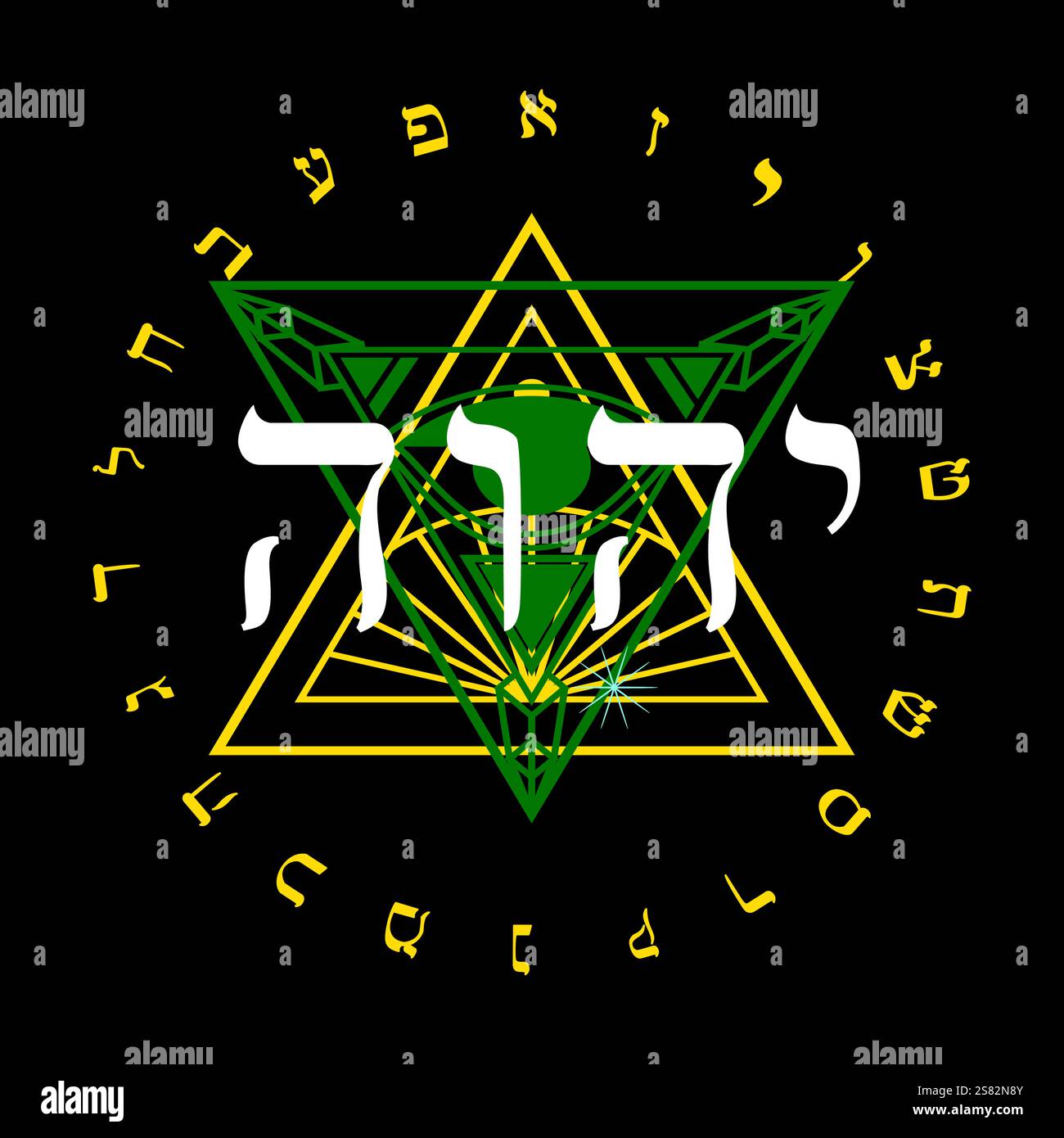 Satz hebräischer Buchstaben, die das Wort YHWH bilden, auch Tetragrammaton genannt, auf schwarzem Hintergrund. Stock Vektor