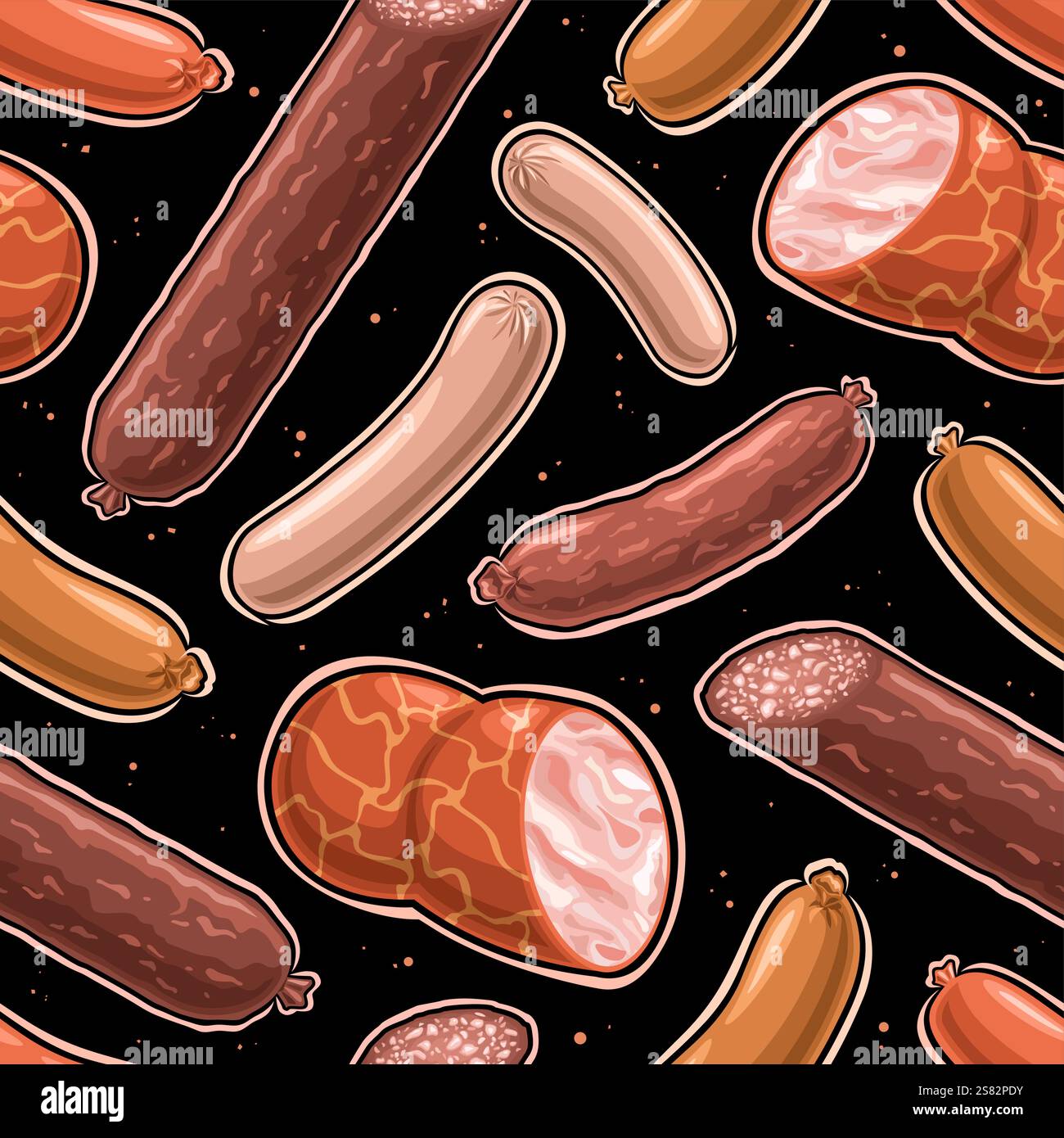 Vector Wurst nahtlose Muster, dekorativer Hintergrund mit Sammlung von gekochten fliegenden Würsten für Verpackungspapier, quadratische Plakette mit Satz von flachen l Stock Vektor
