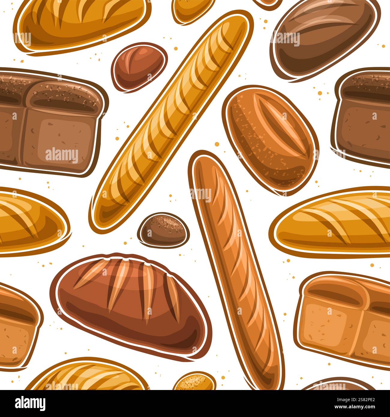 Vektor Brot nahtlose Muster, dekorativer Hintergrund mit Sammlung von ausgeschnittenen Illustrationen fliegen verschiedene Brot, quadratische Plakette mit Satz von flachen la Stock Vektor