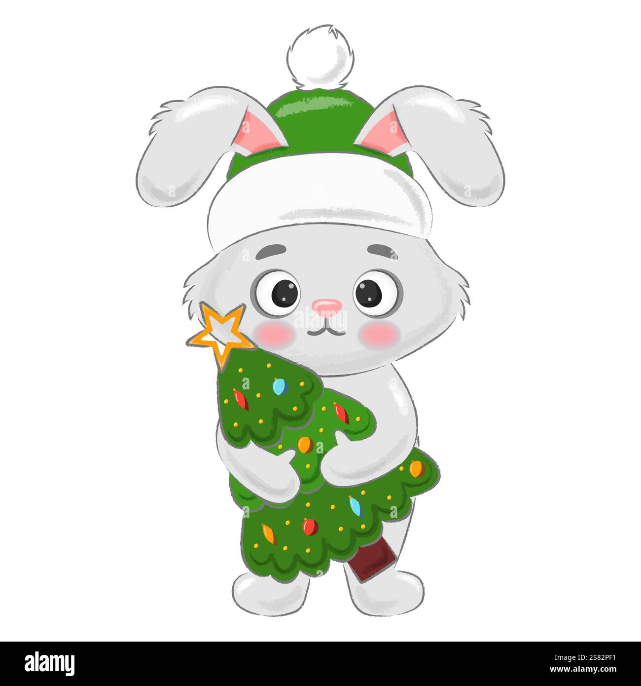 Süßes Kaninchen, das einen Weihnachtsbaum in der Hand hält. Stock Vektor