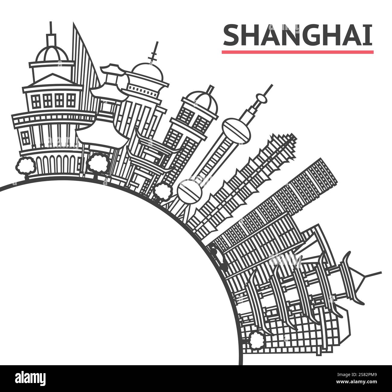 Umreißen Sie die Skyline von Shanghai China City mit modernen Gebäuden und Kopierraum isoliert auf weiß. Vektorabbildung. Shanghai Stadtbild mit Wahrzeichen. Stock Vektor