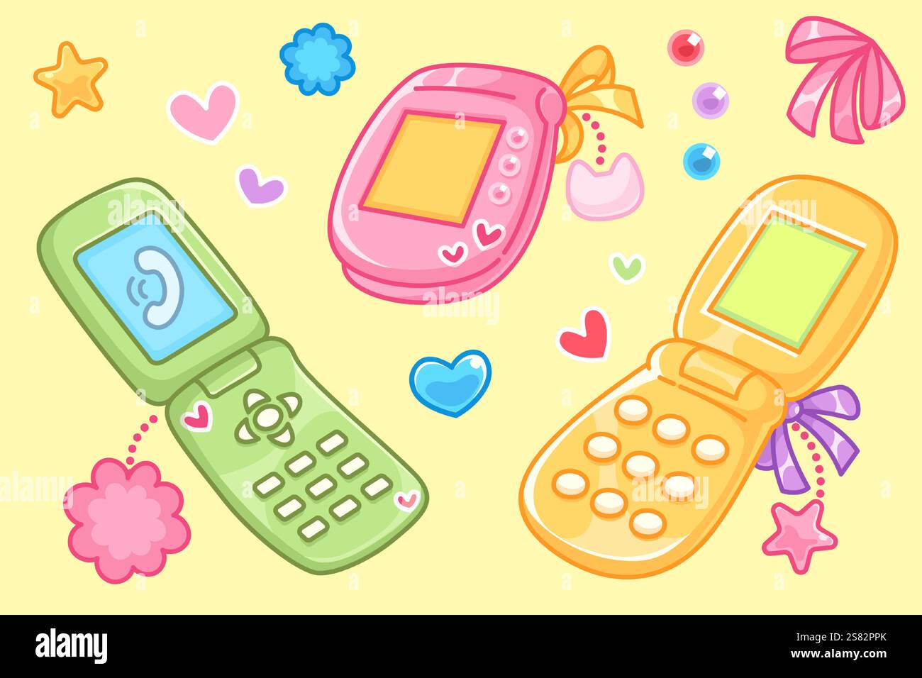 Y2K-Retro-Mobiltelefone auf gelbem Hintergrund – geschlossenes rosafarbenes Gerät, grünes Flip-Phone, orangefarbenes Nachrichten-Gadget mit Tasten. Nostalgische elektronische Geräte mit Pastellherzen, Bögen, Blumen. Stock Vektor
