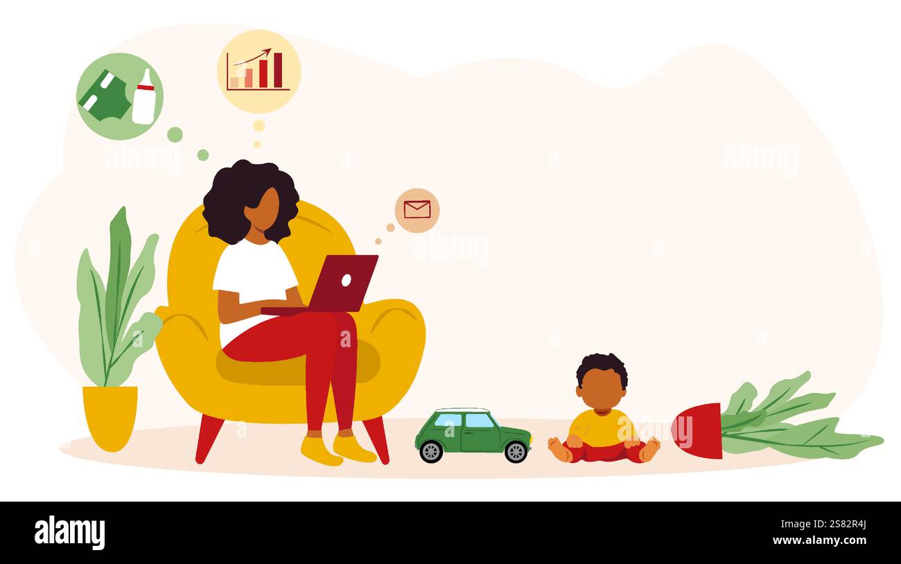 Mom arbeitet online während des Mutterschaftsurlaubs, während sie ihr Kind in einem gemütlichen Zuhause betreut Stock Vektor
