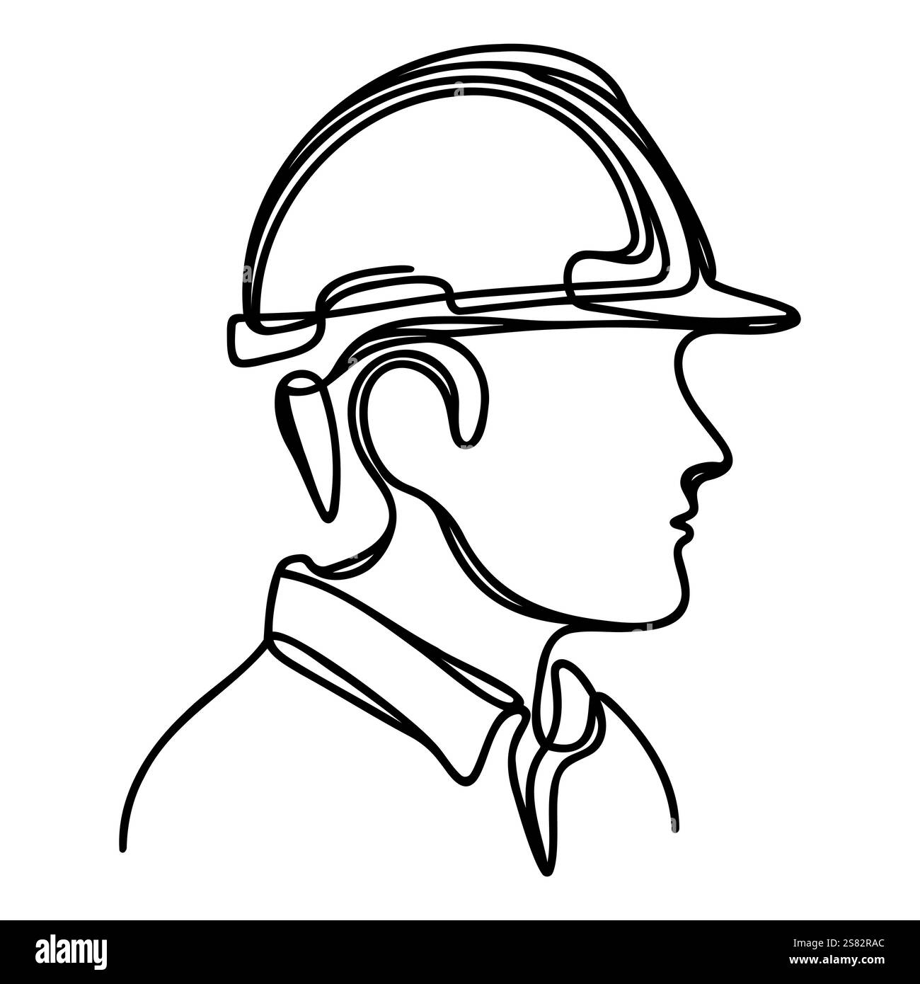 Durchgehende einzeilige Zeichnung Mann mit Schutzhelm Stock Vektor