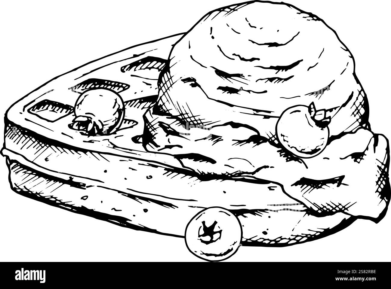 Hand gezeichnete schwarz-weiße Vektor-Illustration einer weichen herzförmigen belgischen Waffel mit einer Schaufel Eis und Beeren. Perfekt für Bäckereimenüs Stock Vektor