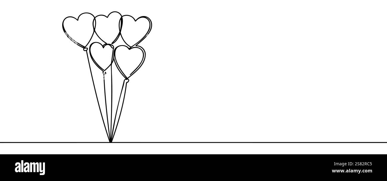 Herzballons zeichnen mit einer durchgehenden Linie. Niedliche Symbolliebe. Zeichnen Sie die Umrisse von Hand isoliert auf weißem Hintergrund. Zeichnungen von Strichbildern. Hochzeit oder Stock Vektor