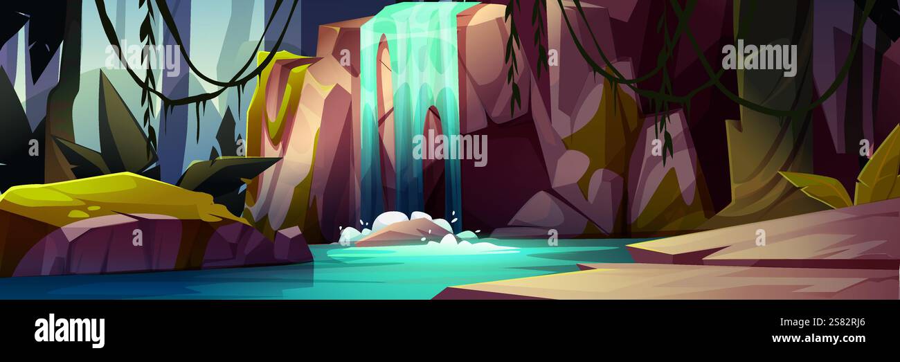 Fließender Wasserfall über Höhleneingang - magischer türkisfarbener Bach, der durch felsige Grotte mit hängenden Weinstöcken, braunen Klippen und Wasserpool fließt. Mystisch Stock Vektor