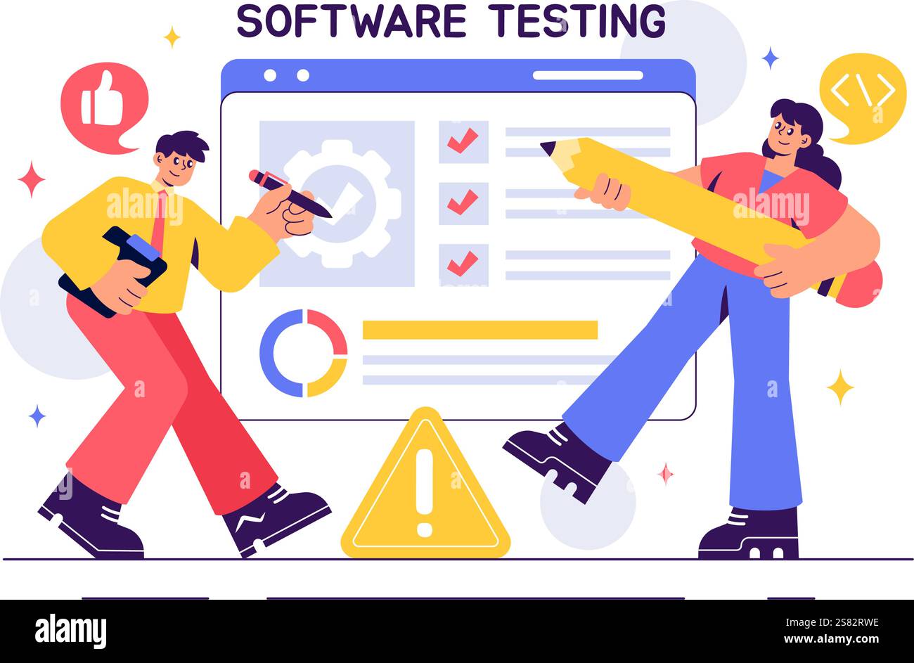 Illustration des Softwaretests Vektors mit Anwendungstechnik, Debugging-Prozessen, Entwicklungsablauf, Programmierung und Codierung Stock Vektor