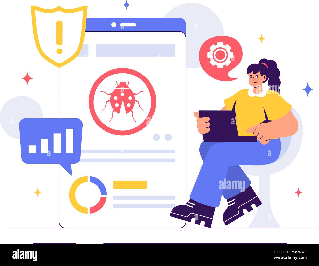 Illustration des Softwaretests Vektors mit Anwendungstechnik, Debugging-Prozessen, Entwicklungsablauf, Programmierung und Codierung Stock Vektor