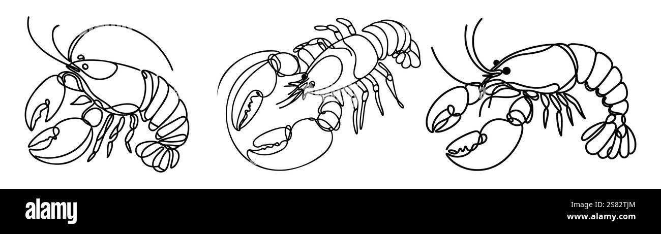 Eine elegante und elegante Hummerlinie. Perfekt für Logos, Branding, Speisekarten, Verpackungen und Designs mit Meeresfrüchten. Ideal für Fischrestaurants Stock Vektor